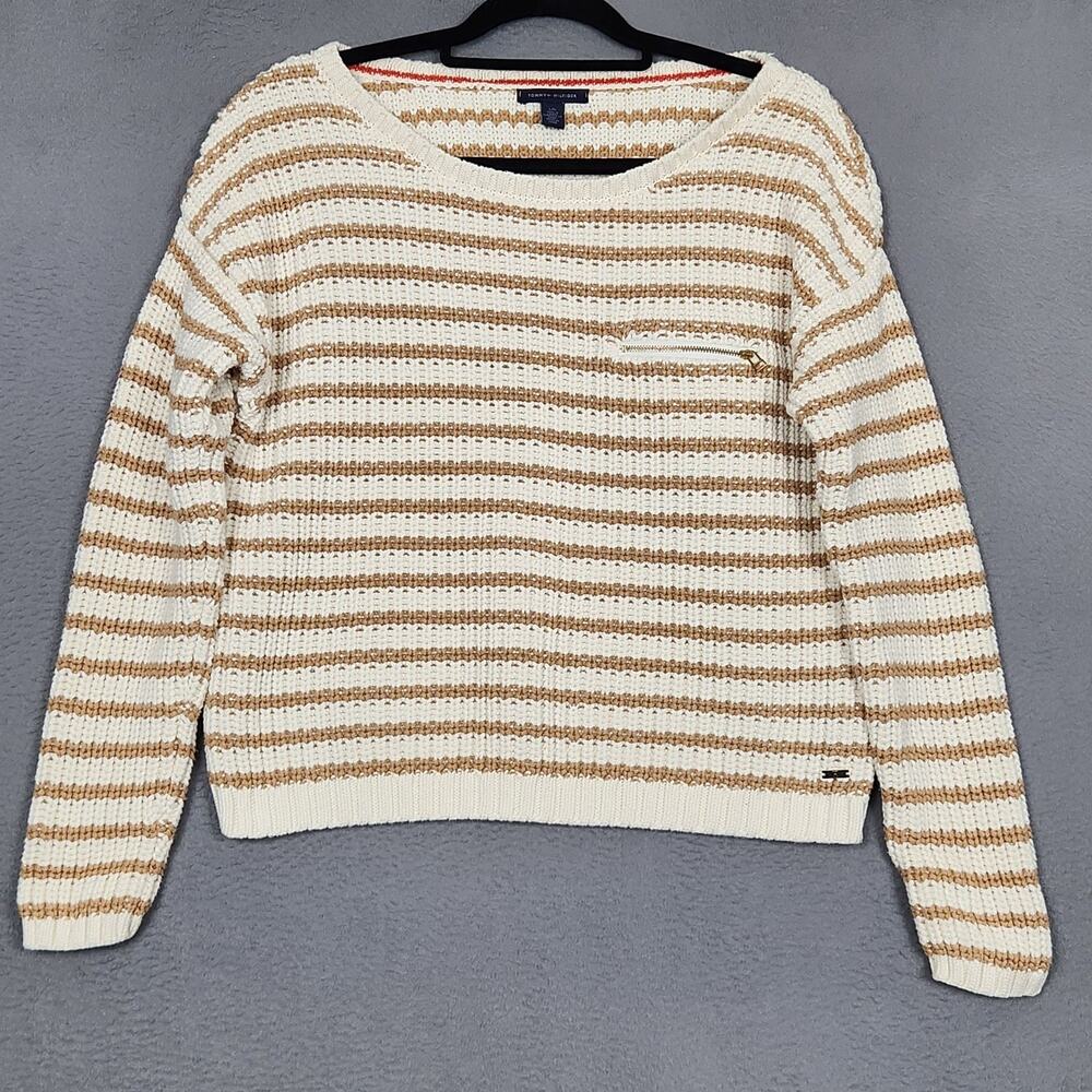Tommy Hilfiger Sweater Womens Large White Cotton Striped Zip Pocket Slouchy Y2K